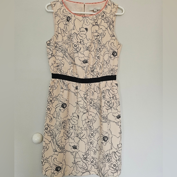 Loft Floral Print Sleeveless Dress - Cream and Black w/ Pink Trim Women's Sz S - Picture 1 of 6